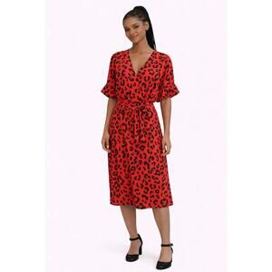 Office Modest Red & Black Feminine Front Tie V Neck Midi Flare Dress sz XS